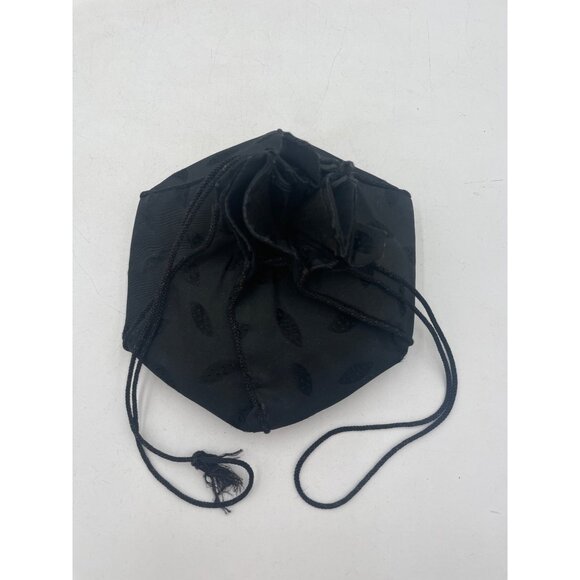 Black Drawstring Pouch Leaf Pattern Victorian Style Purse - Picture 3 of 6